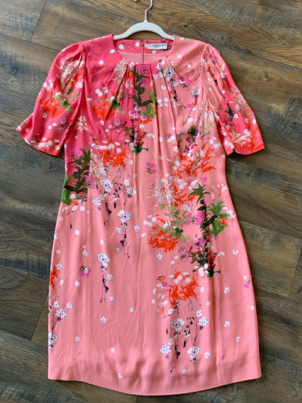 Givenchy Couture Japanese Floral Pattern Sheath Dress in Pinks & Peach